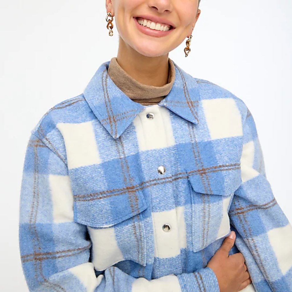 Nwt J. Crew Longline Shirt Jacket In Blue/White/Brown Plaid Size M